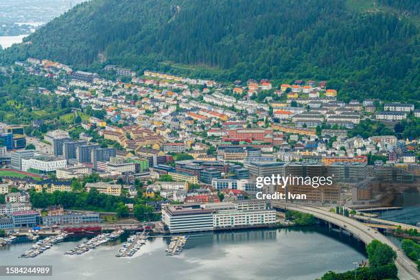 aerial shot of the view of bergen city from mount fløyen, norway - bryggen stock pictures, royalty-free photos & images