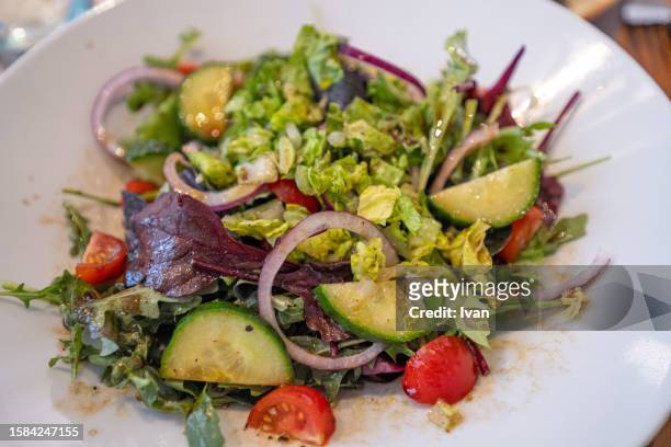mixed leaf and zucchini salad - radish vinaigrette stock pictures, royalty-free photos & images