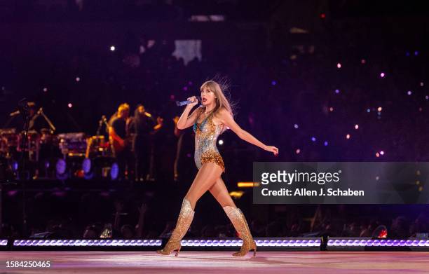Inglewood, CA Taylor Swift performs during The Eras Tour at SoFi Stadium in Inglewood Monday, Aug. 7, 2023.