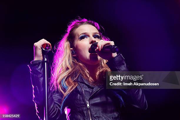 Actress/singer Bridgit Mendler performs onstage at The 3rd Annual Salvation Army Rock The Red Kettle Concert at Nokia Theatre L.A. Live on December...