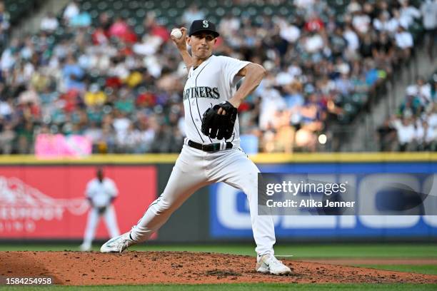 George Kirby of the Seattle Mariners throws a pitch during the fifth inning against the Boston Red Sox at T-Mobile Park on July 31, 2023 in Seattle,...