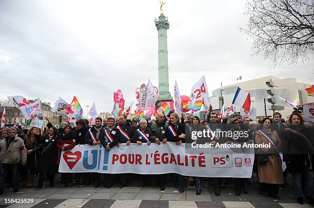 Party Socialist members demonstrate for the legalisation of gay marriage and parenting on December 16, 2012 in Paris, France. Demonstrations have...