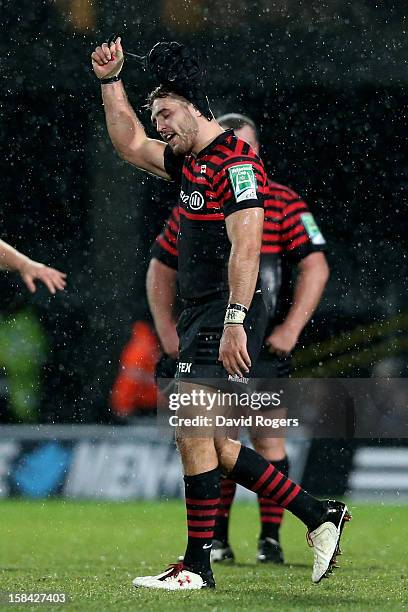 Will Fraser of Saracens reacts after being shown the yellow card during the Heineken Cup pool one match between Saracens and Munster at Vicarage Road...