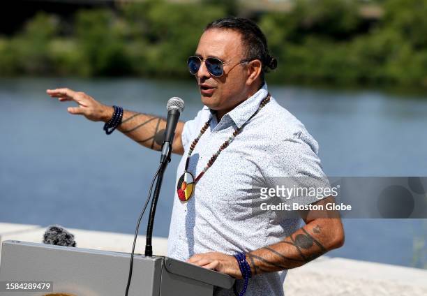 Cambridge, MA Hartman Deetz, member of the Mashpee Wampanoag tribe, speaks at an event announcing the 2022 Three Rivers Report Card for the Neponset,...