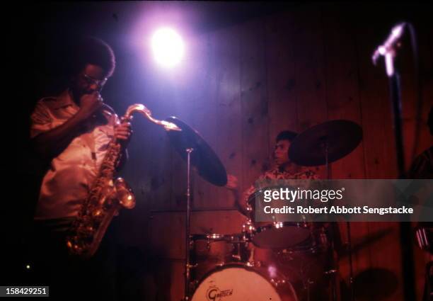 Award winning tenor jazz saxophonist Pharoah Sanders performing at the Intu Lounge, located on 75th Street in Chicago's South Side neighborhood, 1974.