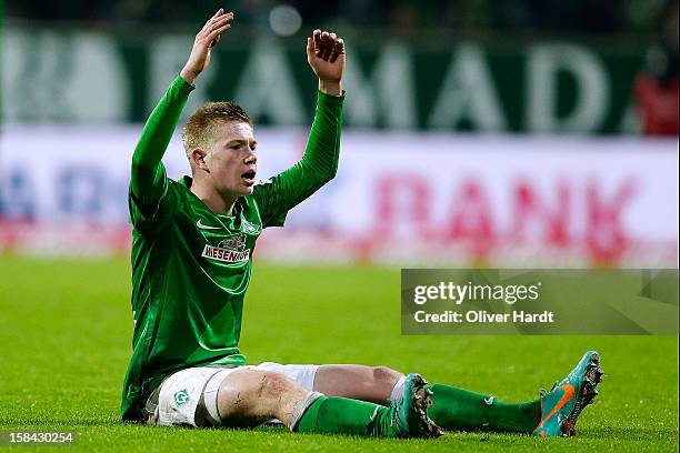 Kevin De Bruyne of Bremen reacts during the 1 Bundesliga match between SV Werder Bremen and 1.FC Nuernberg at Weser Stadium on December 16, 2012 in...