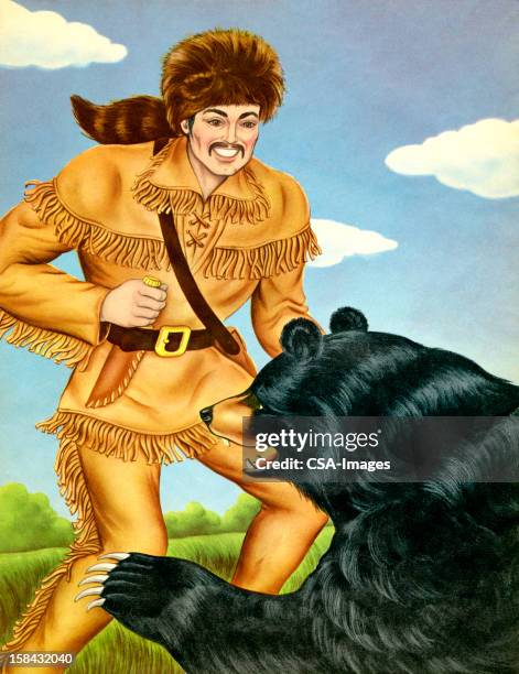 mountain man and bear - fur hat stock illustrations