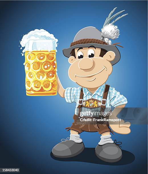 ilustrações, clipart, desenhos animados e ícones de caneca de cerveja lederhosen homem dos desenhos animados - roupa de tirolês