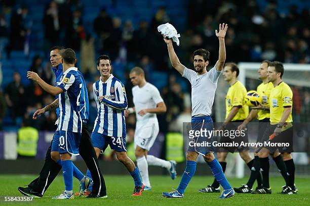 Juan Daniel Forlin, Joan Verdu and Christian Alfonso Lopez of RCD Espanyol celebrate as Pepe of Real Madrid CF looks dejected after the La Liga match...