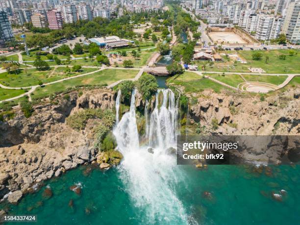 aerial view of duden waterfall dropping in mediterranean sea. - venezuela aerial stock pictures, royalty-free photos & images