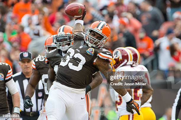 Running back Trent Richardson of the Cleveland Browns celebrates after scoring against the Washington Redskins during the first half at Cleveland...