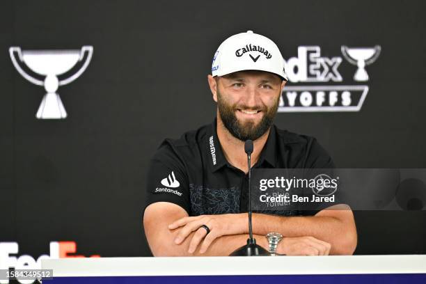 Jon Rahm of Spain talks to the media prior to FedEx St. Jude Championship at TPC Southwind on August 8, 2023 in Memphis, Tennessee.