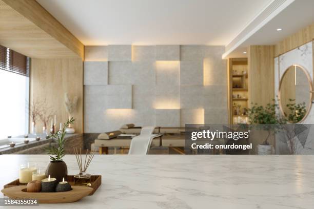 empty marble surface with blurred spa massage room interior background - spa bildbanksfoton och bilder