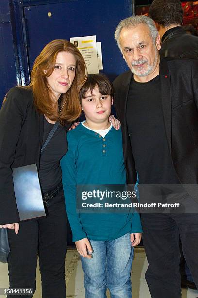 Comedian Francis Perrin , his wife Gersende and their son Louis pose in Michel Sardou's dressing room following Sardou's show at Palais Omnisports de...