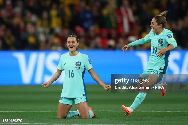 Hayley Raso of Australia celebrates the team's second goal during the FIFA Women's World Cup Australia & New Zealand 2023 Group B match between...