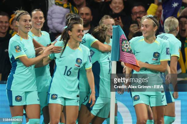 Hayley Raso of Australia celebrates the team's second goal with teammates during the FIFA Women's World Cup Australia & New Zealand 2023 Group B...