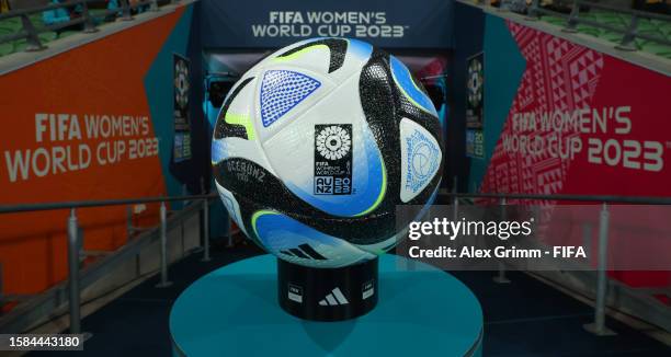 The official adidas match ball OCEAUNZ is seen during the FIFA Women's World Cup Australia & New Zealand 2023 Group B match between Canada and...