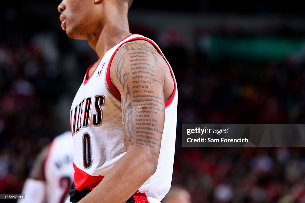 A closeup of the tattoo of Damian Lillard of the Portland Trail