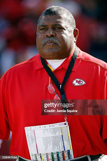 Head coach Romeo Crennel of the Kansas City Chiefs walks onto the field prior to the game against the Denver Broncos at Arrowhead Stadium on November...