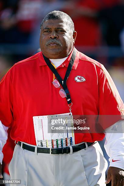 Head coach Romeo Crennel of the Kansas City Chiefs walks onto the field prior to the game against the Denver Broncos at Arrowhead Stadium on November...