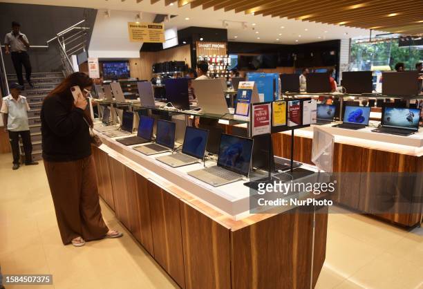 Laptops are seen on sale in Vijay Sales, an electronic showroom in Mumbai, India, 08 August, 2023. Laptop sale increases by 25 percent last weekend...