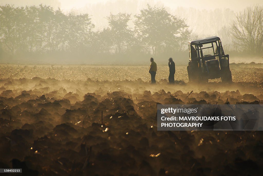 Farmers on a freshly plowed field