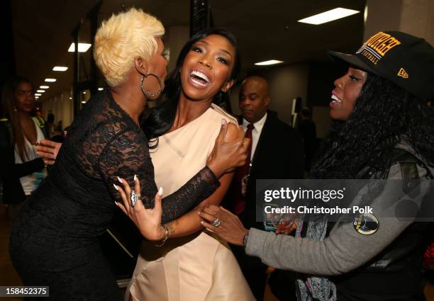 Television personality Nene Leakes and singer Brandy pose backstage during "VH1 Divas" 2012 at The Shrine Auditorium on December 16, 2012 in Los...