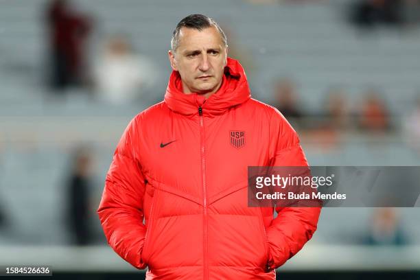 Vlatko Andonovski, Head Coach of USA, is seen during the warm up prior to the FIFA Women's World Cup Australia & New Zealand 2023 Group E match...