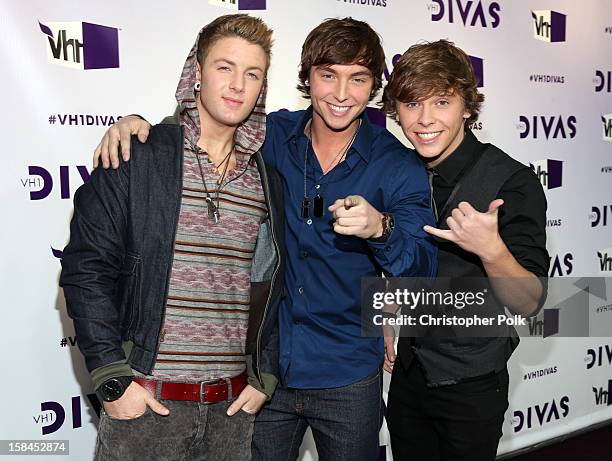 Singers Drew Chadwick, Wesley Stromberg and Keaton Stromberg of the band Emblem3 attend "VH1 Divas" 2012 at The Shrine Auditorium on December 16,...