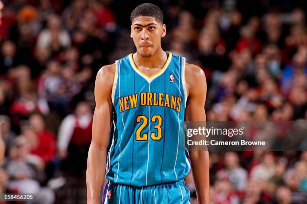 Anthony Davis of the New Orleans Hornets waits to resume action against the Portland Trail Blazers on December 16, 2012 at the Rose Garden Arena in...