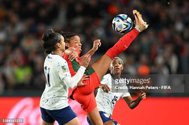 Jessica Silva of Portugal controls the ball against Sophia Smith and Crystal Dunn of USA during the FIFA Women's World Cup Australia & New Zealand...