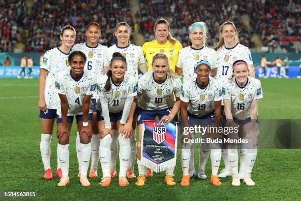 Players of USA pose for a team photo prior to the FIFA Women's World Cup Australia & New Zealand 2023 Group E match between Portugal and USA at Eden...