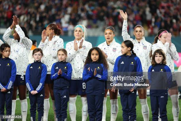 Players applaud fans after the national anthem prior to the FIFA Women's World Cup Australia & New Zealand 2023 Group E match between Portugal and...