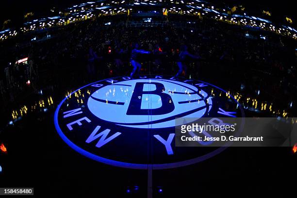 The Brooklyn Nets logo is shown at half-court before a game between the Nets and Detroit Pistons at the Barclays Center on December 14, 2012 in the...