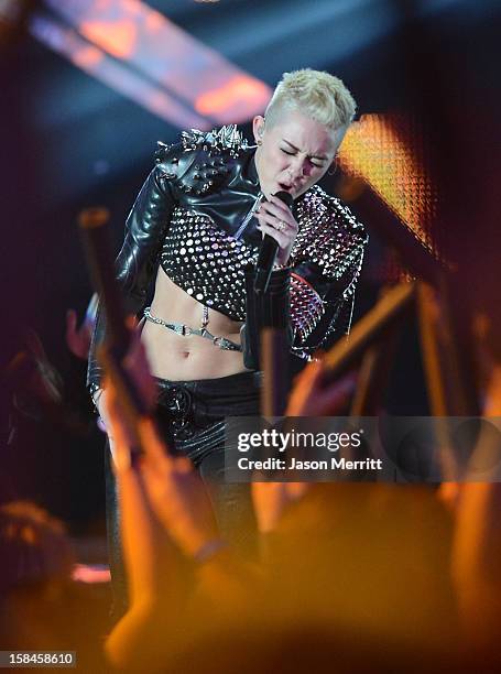 Singer Miley Cyrus performs onstage at 'VH1 Divas' 2012 held at The Shrine Auditorium on December 16, 2012 in Los Angeles, California.