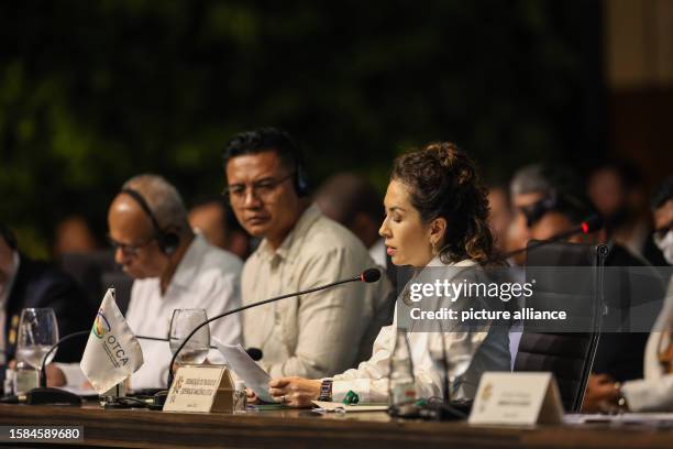 August 2023, Brazil, Belem: Maria Alexandra Moreira , General Secretary of the Organization of Amazon Cooperation , speaks at the beginning of the...