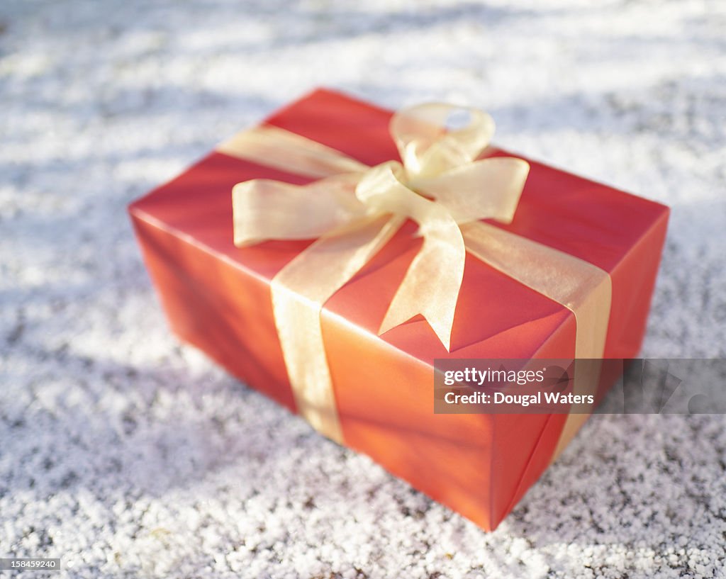 Red Christmas present in snow.