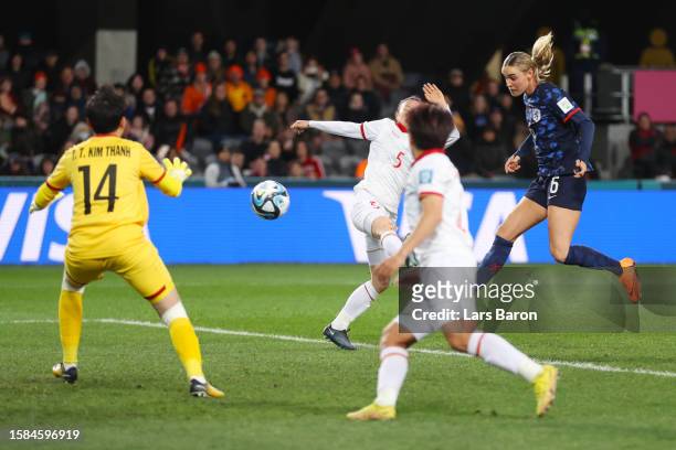 Jill Roord of Netherlands scores her team's fourth goal during the FIFA Women's World Cup Australia & New Zealand 2023 Group E match between Vietnam...
