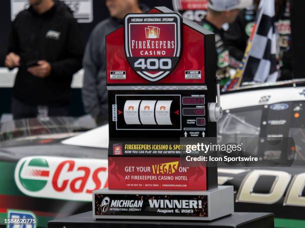 The FireKeepers Casino 400 trophy is pictured after the NASCAR Cup Series FireKeepers Casino 400 on August 07 at Michigan International Speedway in...