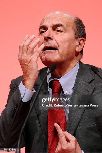 Pierluigi Bersani speaks at PalaDozza in Bologna prior to PD Primaries Elections on November 23, 2012 in Bologna, Italy.