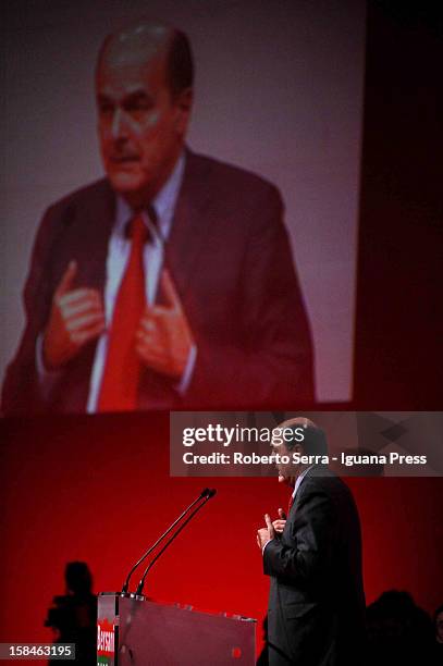 Pierluigi Bersani speaks at PalaDozza in Bologna prior to PD Primaries Elections on November 23, 2012 in Bologna, Italy.