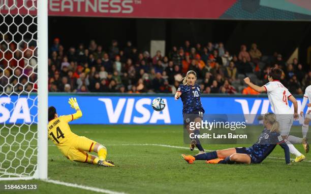 Danielle Van De Donk of Netherlands scores her team's fifth goal during the FIFA Women's World Cup Australia & New Zealand 2023 Group E match between...
