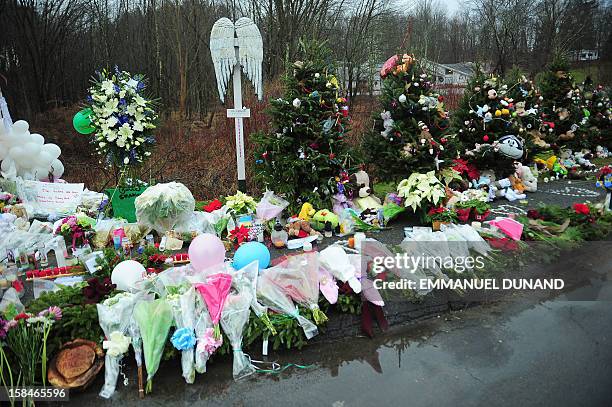 Offerings stand at a makeshift shrine to the victims of an elementary school shooting in Newtown, Connecticut, December 17, 2012. A young gunman...