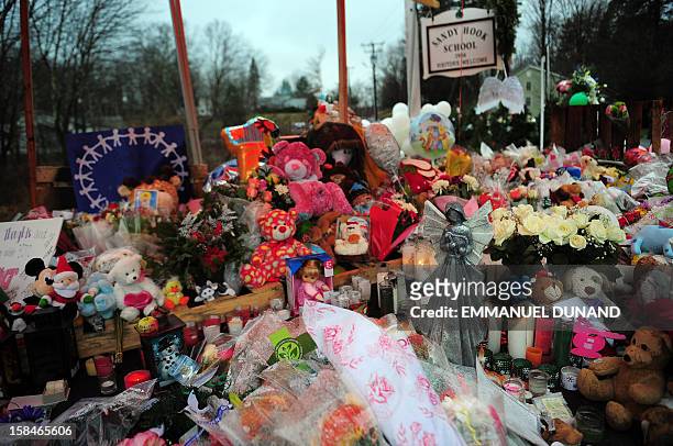 Offerings stand at a makeshift shrine to the victims of an elementary school shooting in Newtown, Connecticut, December 17, 2012. Funerals began...