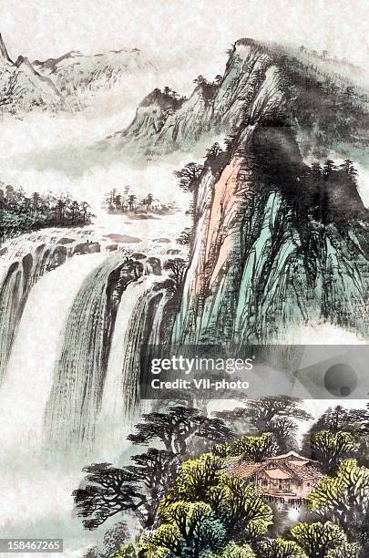 a stunning colored sketch of a waterfall landscape - japanese tree drawing stock illustrations