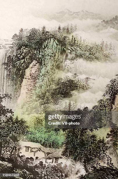 village - chinese landscape painting stock illustrations