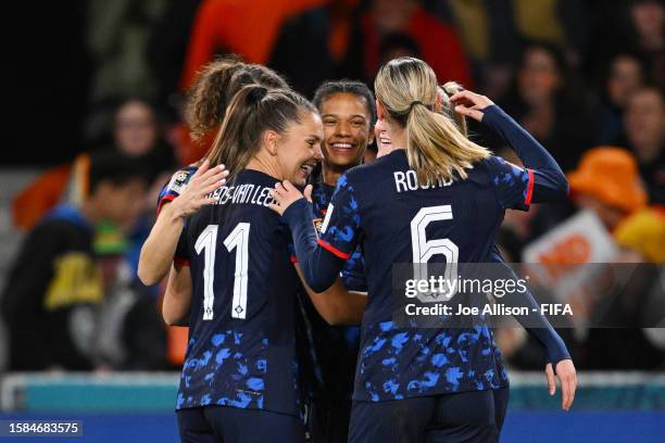 Esmee Brugts of Netherlands celebrates with teammates after scoring her team's sixth goal during the FIFA Women's World Cup Australia & New Zealand...