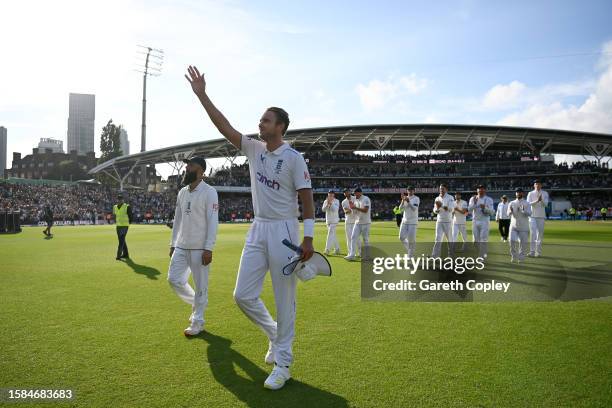 Stuart Broad and Moeen Ali of England as they make their way off following the end of the match and the end of their career following Day Five of the...