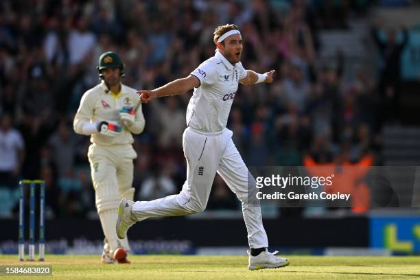 Stuart Broad of England celebrates the wicket of Alex Carey of Australia for the final wicket taken in their final match of their career during Day...