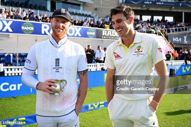 England captain Ben Stokes speaks with Australia captain Pat Cummins following Day Five of the LV= Insurance Ashes 5th Test Match between England and...
